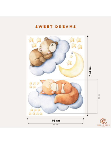 Adesivi da muro per bambini | Grandi dolci animali fanno la nanna sulle nuvole - Sweet Dreams | Wall Decor Store