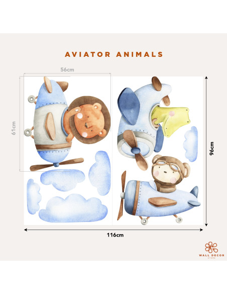 Adesivi da muro per bambini | Adesivi da Muro con Animaletti Aviatori - Aviator Animals| Wall Decor St | Wall Decor Store