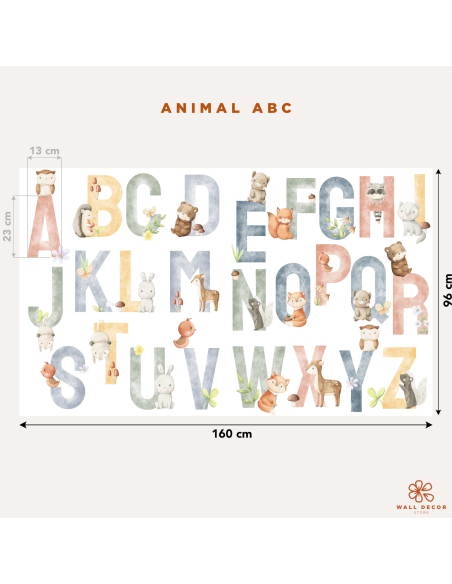 Animal ABC wall sticker sheet size and layout details