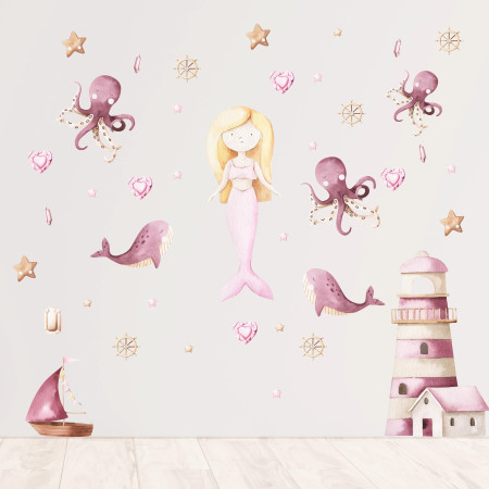 Adesivi murali sirena e animali marini per bambini – Sea Sparkles | Wall Decor Store
