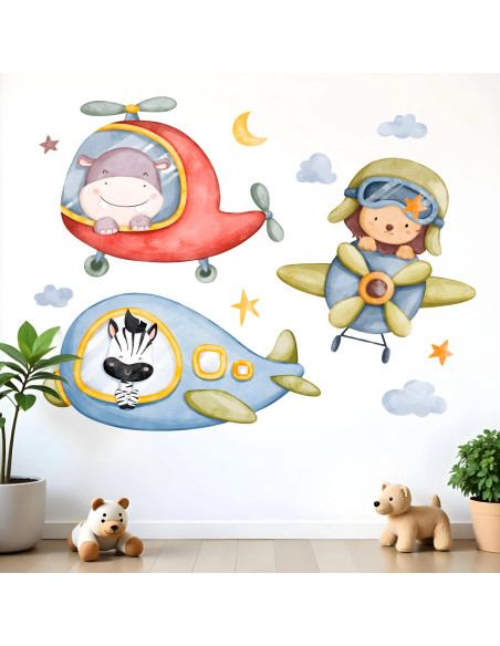 Adesivi da muro per bambini | Adesivi murali animali su aerei e razzi per bambini – Sky Animal | Wall Decor Store