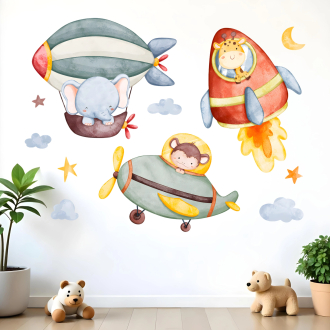 Wall stickers for children | Animal wall stickers featuring aeroplanes and rockets for children – Sky Animal | Wall Decor Store