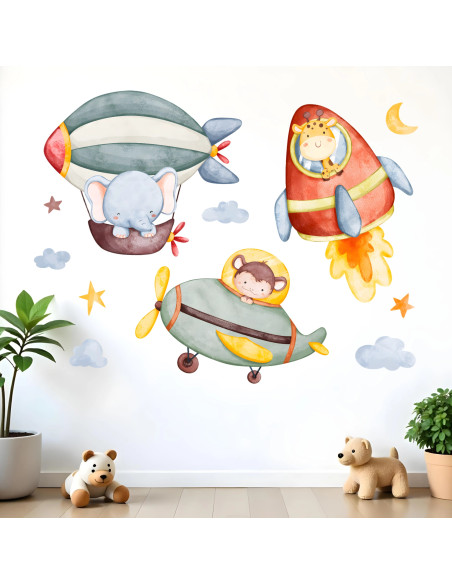 Wall stickers for children | Animal wall stickers featuring aeroplanes and rockets for children – Sky Animal | Wall Decor Store