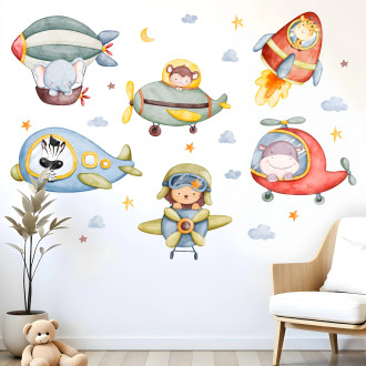 Adesivi da muro per bambini | Adesivi murali animali su aerei e razzi per bambini – Sky Animal | Wall Decor Store