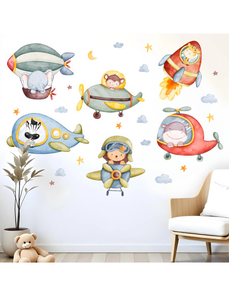 Wall stickers for children | Animal wall stickers featuring aeroplanes and rockets for children – Sky Animal | Wall Decor Store