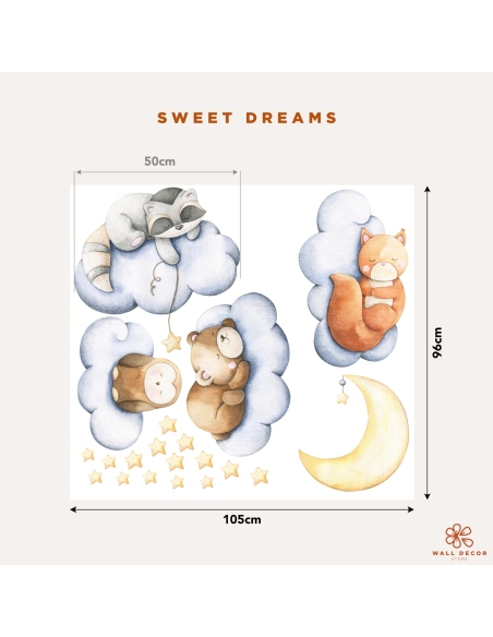 Wall stickers for children | Four cute little animals sleeping on clouds - Sweet Dreams | Wall Decor Store