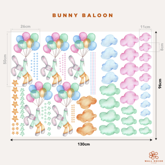 Adesivi murali con un pattern di coniglietti e palloncini tra nuvole e stelline | Wall Decor Store 2