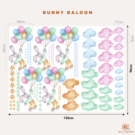 Wall stickers with a bunny and balloon pattern among clouds and stars | Wall Decor Store