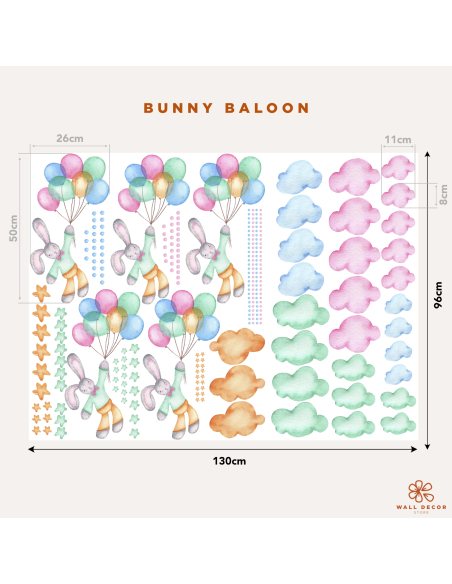 Adesivi murali con un pattern di coniglietti e palloncini tra nuvole e stelline | Wall Decor Store