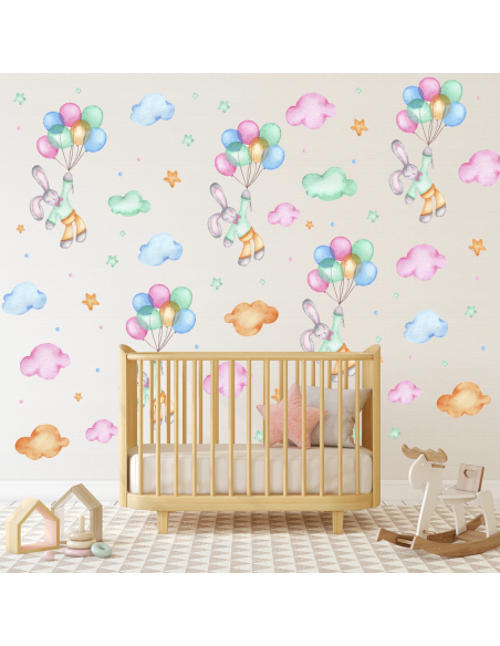 Wall stickers with a bunny and balloon pattern among clouds and stars | Wall Decor Store