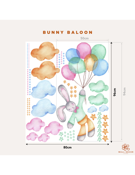 Wall stickers with a bunny and balloon pattern among clouds and stars | Wall Decor Store