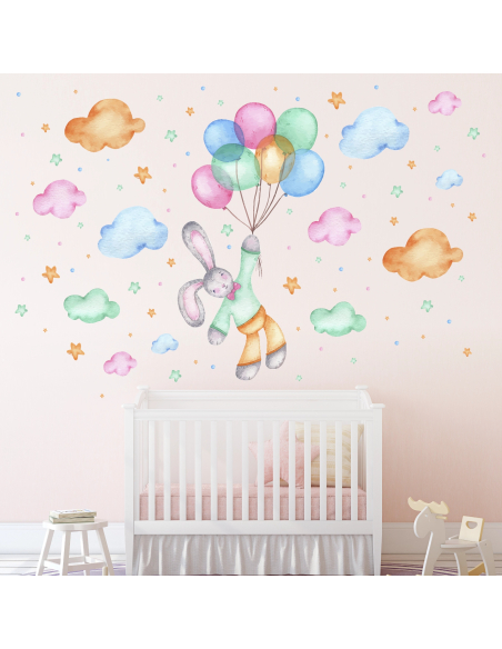 Wall stickers with a bunny and balloon pattern among clouds and stars | Wall Decor Store