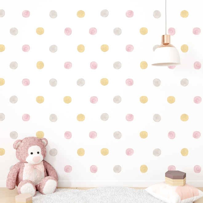 Adesivi murali per bambini Pois - Polka Dot colori rosa, giallo, grigio