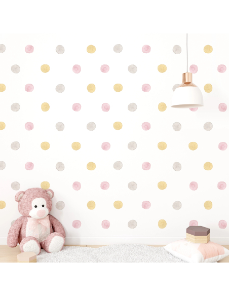 Adesivi murali per bambini Pois - Polka Dot colori rosa, giallo, grigio