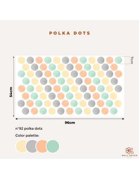 Adesivi murali per bambini Pois Polka Dot colori giallo, grigio, arancione, verde Misure 96 x 54  cm