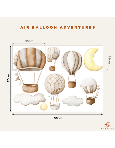 Adesivi da muro per bambini | Decorazione con Mongolfiere Marrone | Air Balloon Adventures | Wall Decor Store