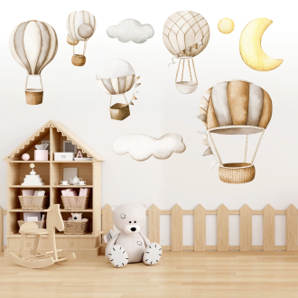 Adesivi da muro per bambini | Decorazione con Mongolfiere Marrone | Air Balloon Adventures | Wall Decor Store