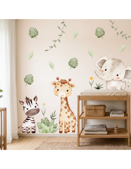 Adesivi murali safari per cameretta bambini con giraffa, zebra ed elefante in stile acquerello