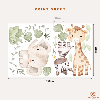 Adesivi murali safari per cameretta bambini con giraffa, zebra ed elefante in stile acquerello 2