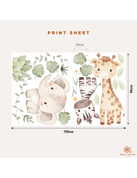 Safari wall decal sheet with giraffe, zebra, elephant and watercolor leaves