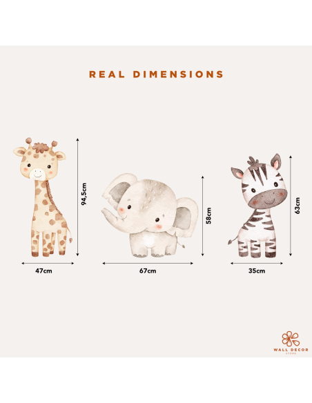Dimensioni reali adesivi murali safari giraffa zebra ed elefante per cameretta
