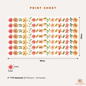 Pattern Flowers | 119 Adesivi murali floreali in stile acquerello sui toni del rosso/arancione| Wall Decor Store 2