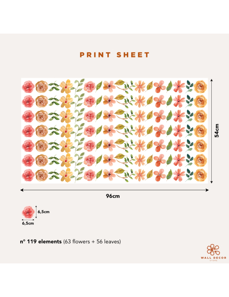 Scheda tecnica adesivi murali Pattern Flowers con dimensioni del set, numero di elementi floreali e foglie decorative