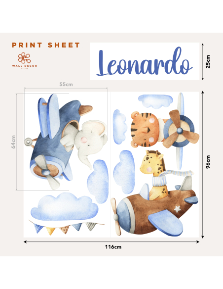 Printing sheet of the personalized name sticker with dimensions