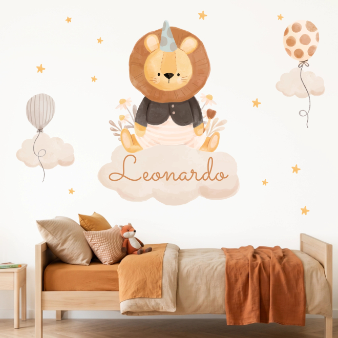 Personalized watercolor lion wall sticker with Leonardo name for baby boy nursery