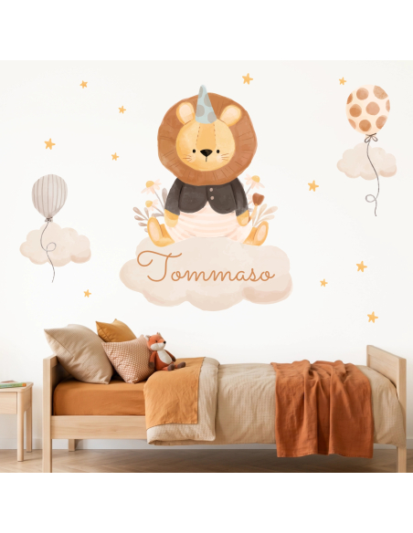 Personalized Tommaso name wall sticker with cute decorative lion