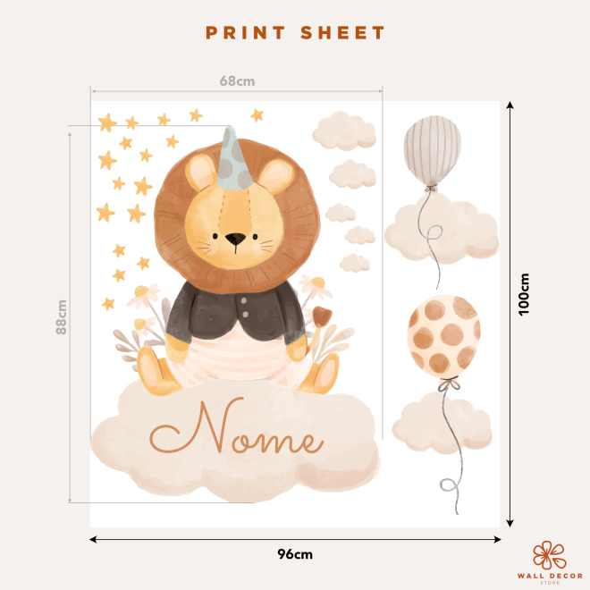 Personalized watercolor lion wall sticker with Leonardo name for baby boy nursery 2