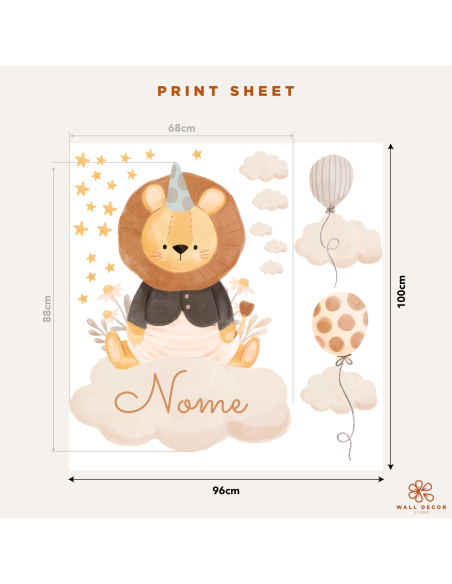 Print sheet of personalized lion wall sticker with set dimensions