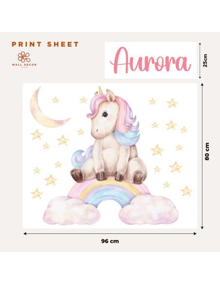 Foglio di stampa adesivo murale con unicorno personalizzato e misure del set