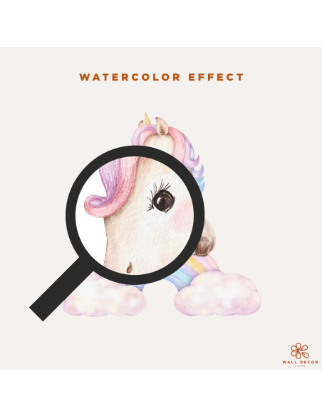 Dettaglio effetto watercolor dell’adesivo murale unicorno personalizzato