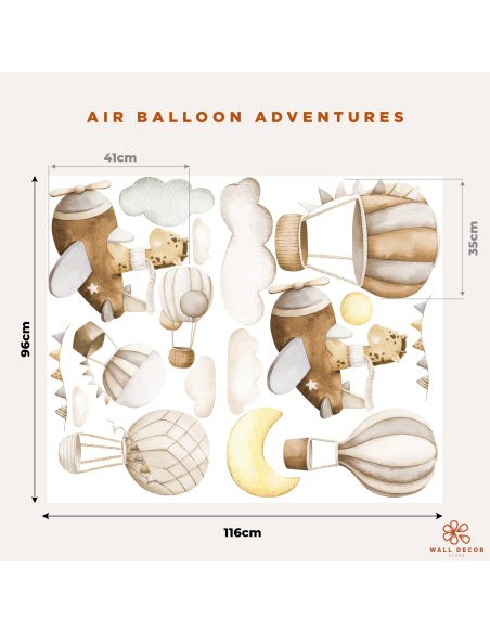 Wall sticker print sheet featuring flying giraffes, hot air balloons, clouds, sun and moon with set dimensions