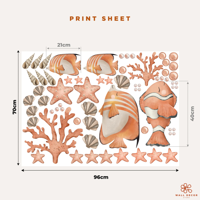 Adesivi murali con pesci tropicali, stelle marine, conchiglie e coralli in stile acquerello per camerette e nursery 2