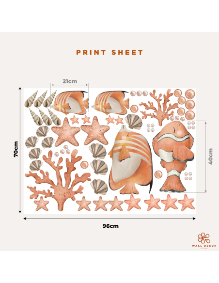 Coral Wonders wall stickers size chart with set dimensions and decorative sea-themed elements details