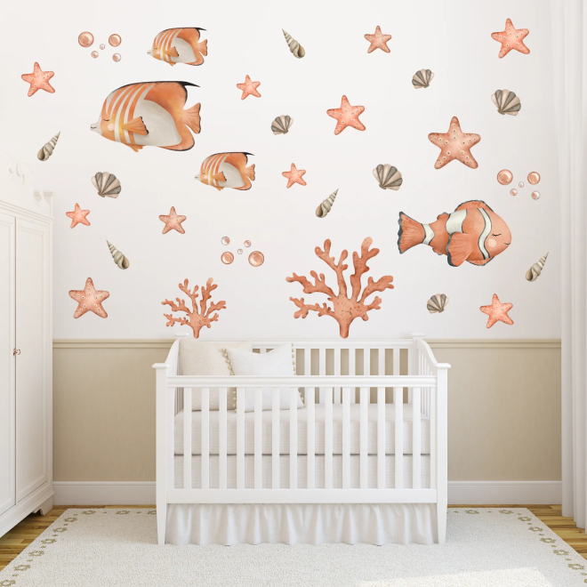 Adesivi murali con pesci tropicali, stelle marine, conchiglie e coralli in stile acquerello per camerette e nursery
