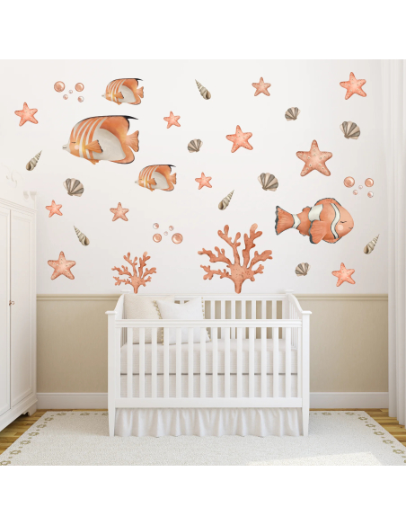 Adesivi murali con pesci tropicali, stelle marine, conchiglie e coralli in stile acquerello per camerette e nursery
