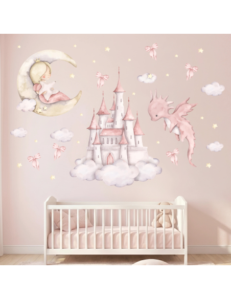 Princess Dreams nursery wall stickers with pink fairytale castle, moon and watercolor details on a white wall