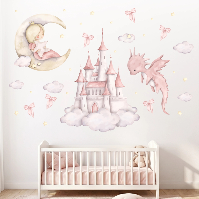 Adesivi murali per cameretta Princess Dreams con castello fiabesco rosa, luna e dettagli watercolor su parete bianca 2