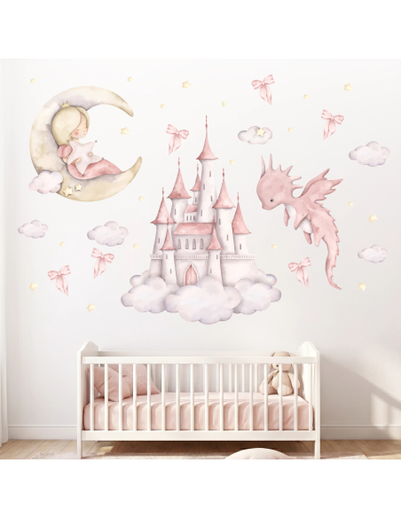 Adesivi murali Princess Dreams con castello rosa da principessa in stile watercolor su parete rosa di cameretta