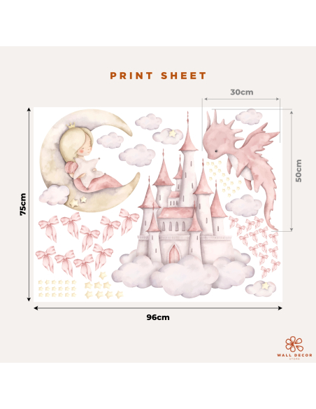Princess Dreams wall sticker print sheet with pink princess castle and element dimensions