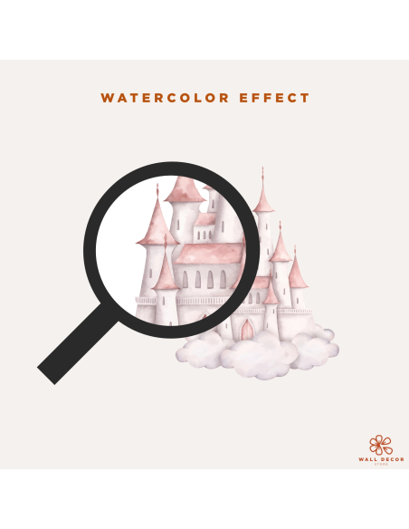 Watercolor effect detail of Princess Dreams wall stickers with pink princess castle