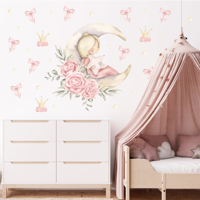 Princess Dreams wall stickers with princess on the moon, pink flowers, bows and crowns in watercolor style for a children’s room