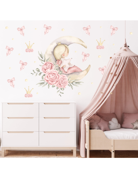 Adesivi murali Princess Dreams con principessa sulla luna, fiori rosa, fiocchi e coroncine in stile watercolor per cameretta