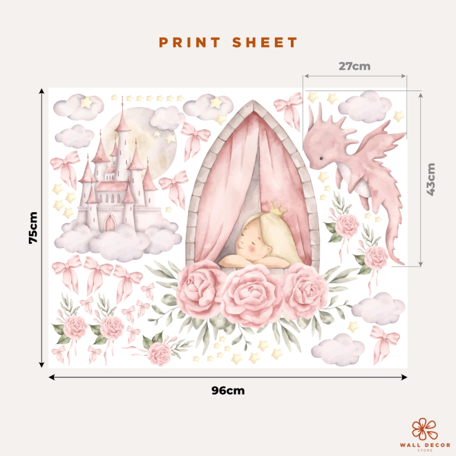 Princess Dreams wall stickers with sleeping princess, castle, pink dragon, clouds and flowers for a children’s room 2