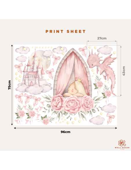 Princess Dreams wall sticker print sheet with sleeping princess, castle, pink dragon, clouds, bows, stars and flowers