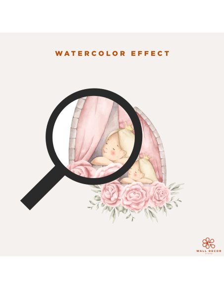 Dettaglio effetto watercolor degli adesivi murali Princess Dreams con principessa addormentata alla finestra e fiori rosa
