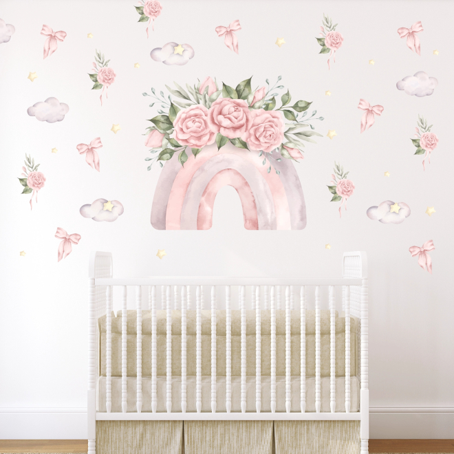 Princess Dreams wall stickers with pink rainbow, roses, bows, clouds and stars in watercolor style for a children’s room
